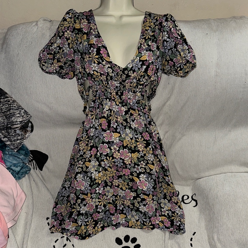 Lorena Rose sheer deep V Neck side cut outs Floral Black Dress New